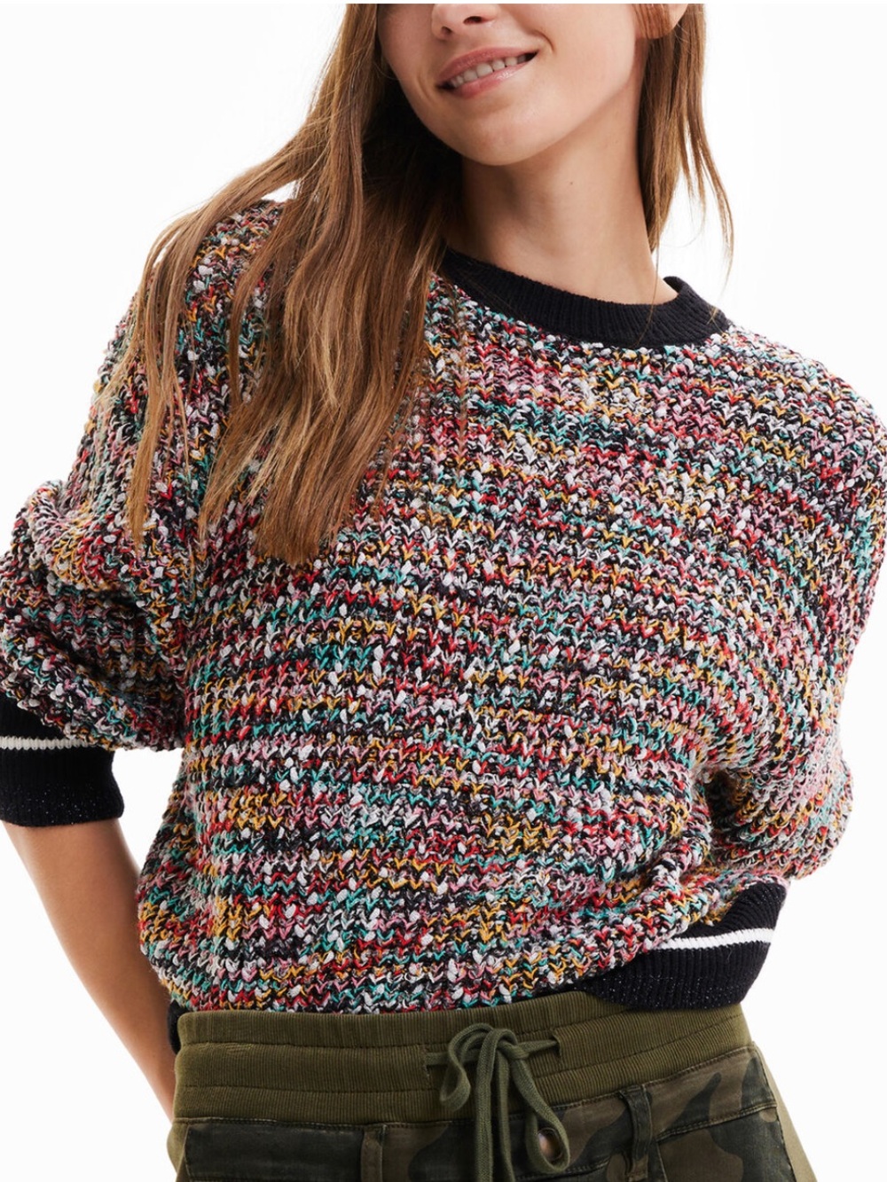 Desigual Multicolor Knit Crewneck Sweater Black Rib Trim Relaxed Medium